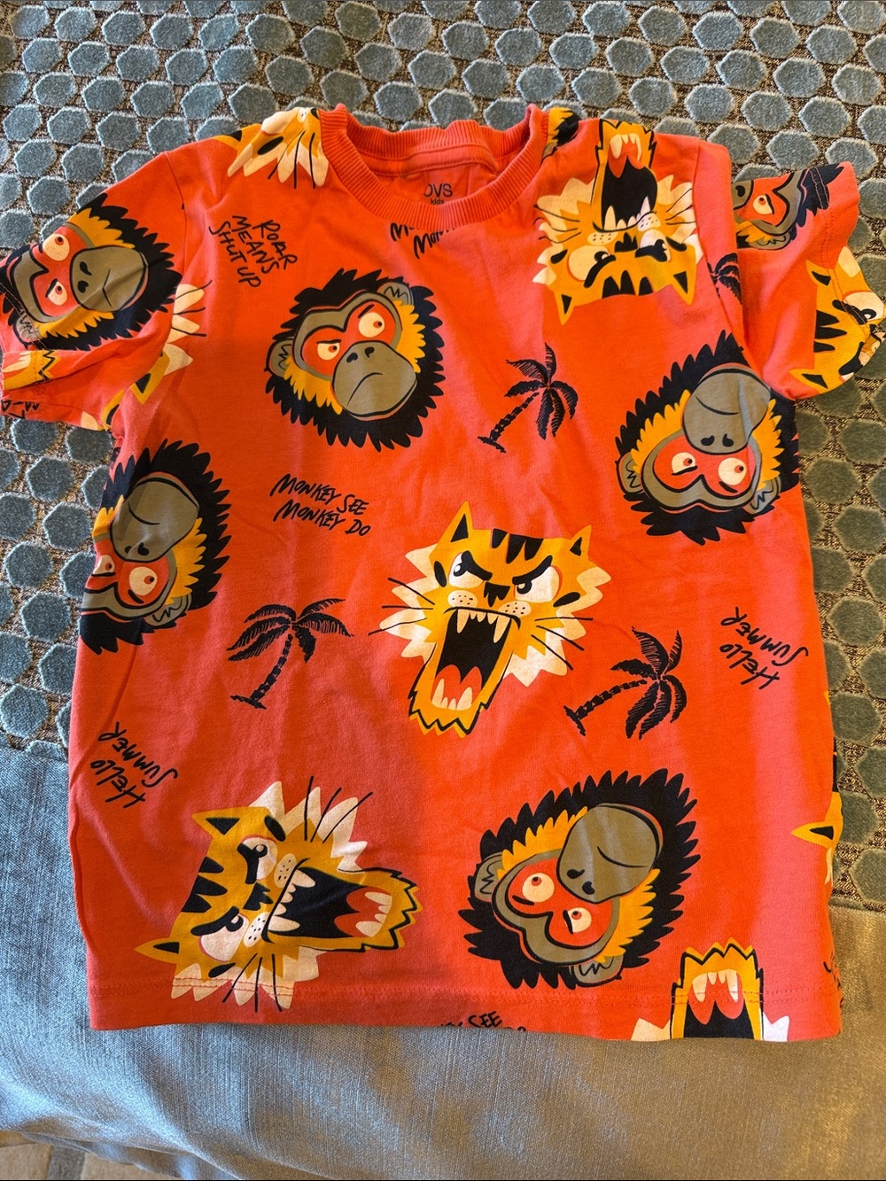 Boys' Red Graphic Short Sleeve Tee with Monkey & Tiger Motifs
